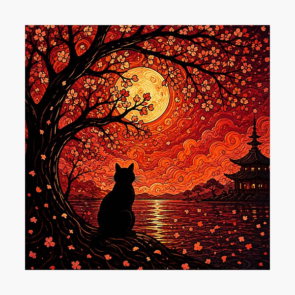 Item preview, Crimson Moon Blossom Dreamscape Black Cat Fantasy Art designed and sold by Mindworx21.
