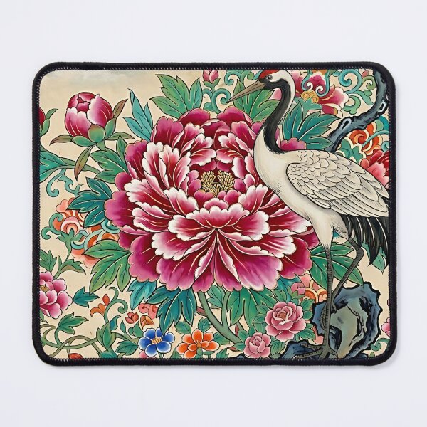 Item preview, Graceful Crane Before Blooming Peonies | Korean Minhwa Inspired Art designed and sold by K-Tradition.