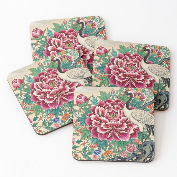 Item preview, Graceful Crane Before Blooming Peonies | Korean Minhwa Inspired Art designed and sold by K-Tradition.