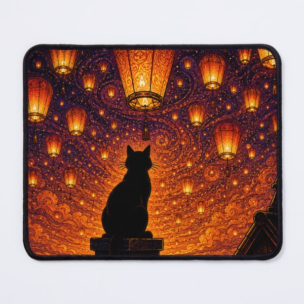 Item preview, Lantern Sky Reverie Enchanted Silhouette Dreamscape Black Cat Art designed and sold by Mindworx21.