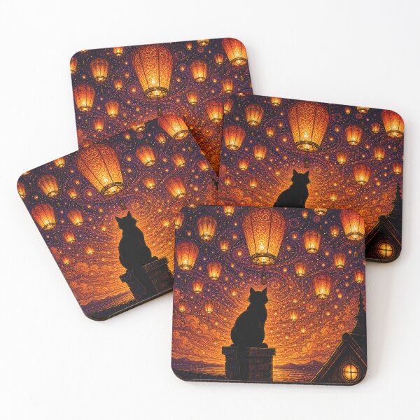 Item preview, Lantern Sky Reverie Enchanted Silhouette Dreamscape Black Cat Art designed and sold by Mindworx21.