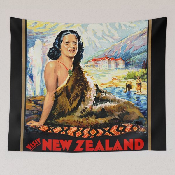 Artikelvorschau, Vintage Neuseeland Reiseposter | Kunst der Mitte des 20. Jahrhunderts | Māori-Kultur & Aoraki | Wunderland des Pazifiks | Retro-Wanddekoration entworfen und verkauft von artofuniverse.