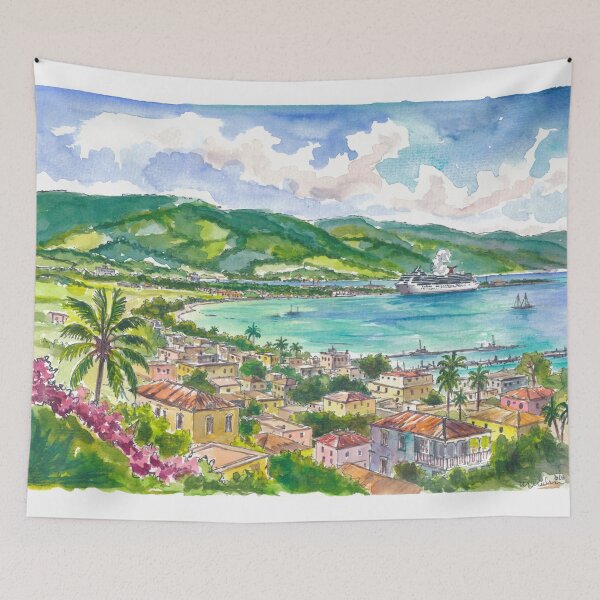 Item preview, Montego Bay Jamaica Watercolor – Caribbean Harbor and Cruise Ship Art Print, Travel Gift designed and sold by artshop77.