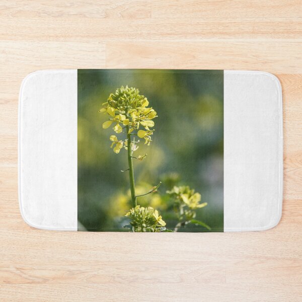 Item preview, Close-Up Of Yellow Mustard Flower Blooming On Green Stem In Soft Bokeh Background designed and sold by Nmallia.