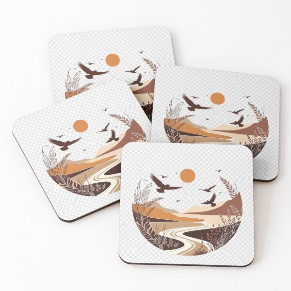 Item preview, Boho Desert River Landscape with Flying Birds | Minimal Earth Tone Nature Illustration designed and sold by GalleryPeak.