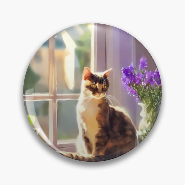 Item preview, Cozy Cat on Window Sill with Purple Flowers Painting designed and sold by UmSkelig834.