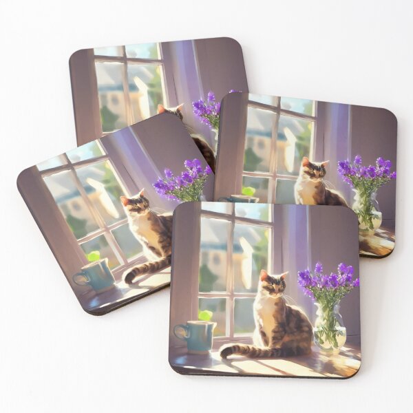 Item preview, Cozy Cat on Window Sill with Purple Flowers Painting designed and sold by UmSkelig834.