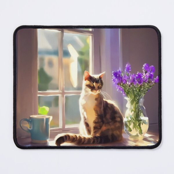 Item preview, Cozy Cat on Window Sill with Purple Flowers Painting designed and sold by UmSkelig834.