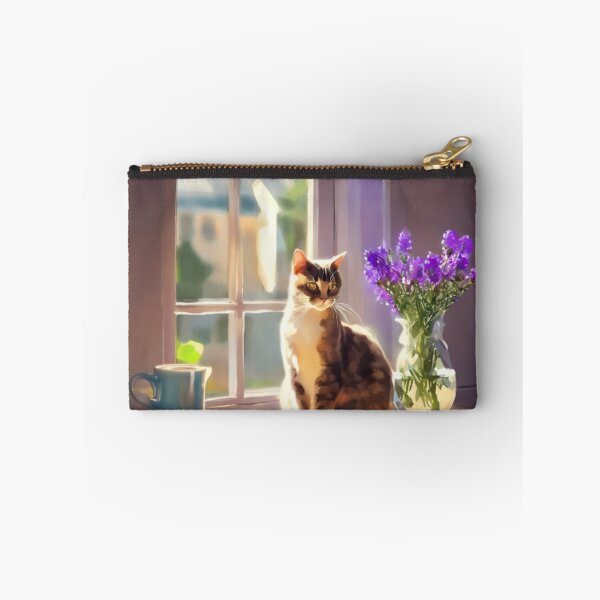Item preview, Cozy Cat on Window Sill with Purple Flowers Painting designed and sold by UmSkelig834.