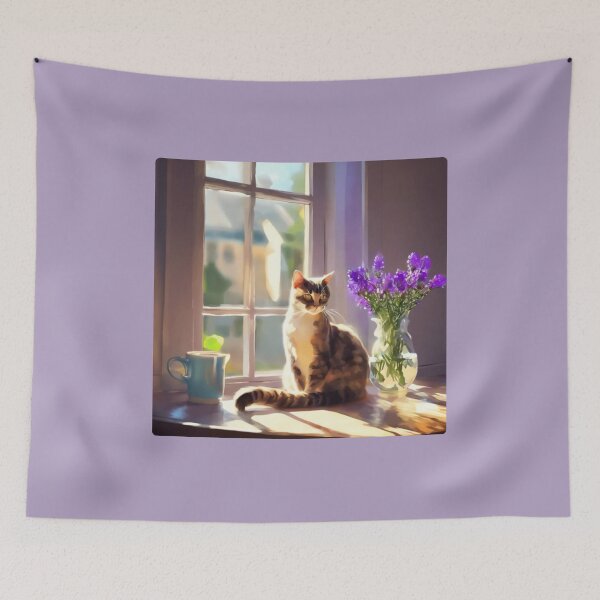 Item preview, Cozy Cat on Window Sill with Purple Flowers Painting designed and sold by UmSkelig834.