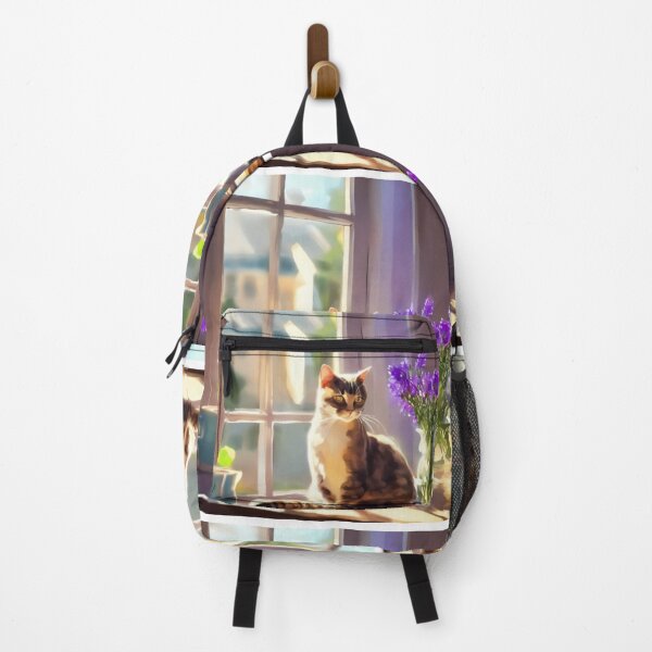 Item preview, Cozy Cat on Window Sill with Purple Flowers Painting designed and sold by UmSkelig834.
