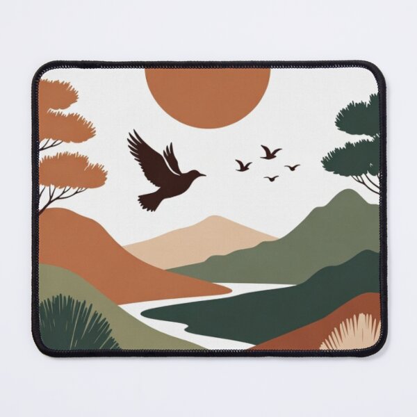 Item preview, Boho Mountain Lake Landscape with Birds | Earth Tone Nature Illustration designed and sold by GalleryPeak.