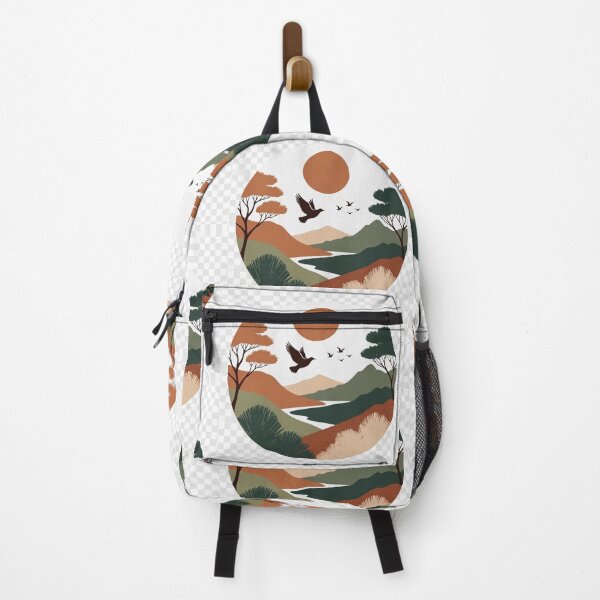 Item preview, Boho Mountain Lake Landscape with Birds | Earth Tone Nature Illustration designed and sold by GalleryPeak.