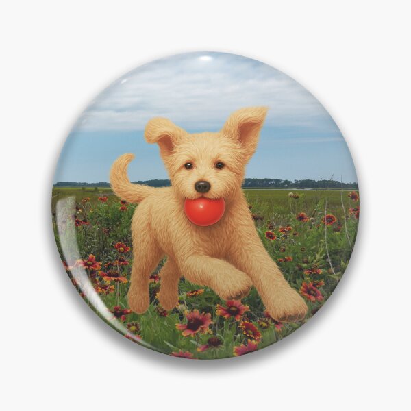 Item preview, Daisy Doodle playing fetch in orange flowers designed and sold by Doodles Down South.