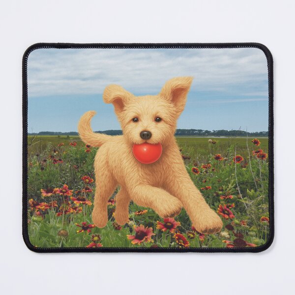 Item preview, Daisy Doodle playing fetch in orange flowers designed and sold by Doodles Down South.