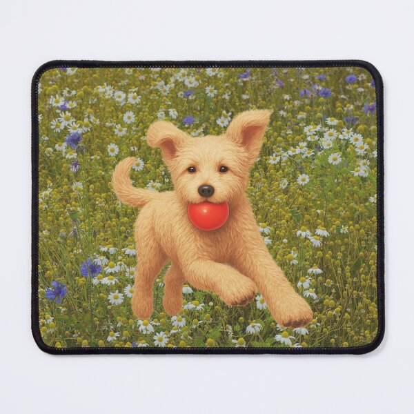 Item preview, Daisy Doodle playing fetch in flower field designed and sold by Doodles Down South.