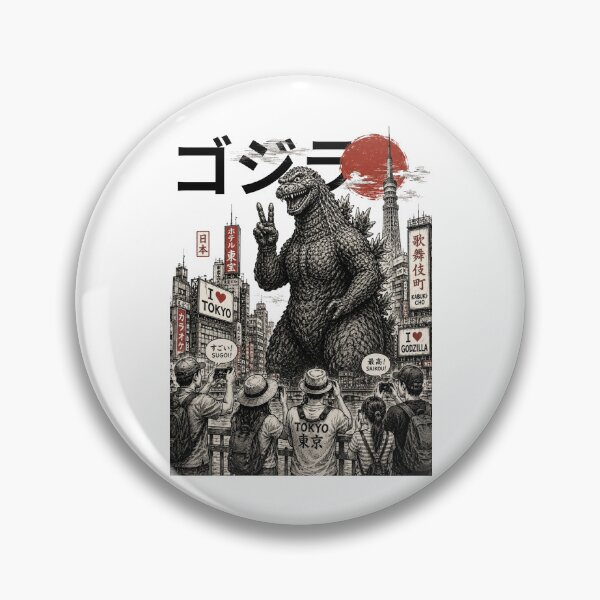 Item preview, Funny Godzilla in Tokyo | Japanese Kaiju Peace Sign Vintage Ink Art T-Shirt designed and sold by Thehatinthecat.