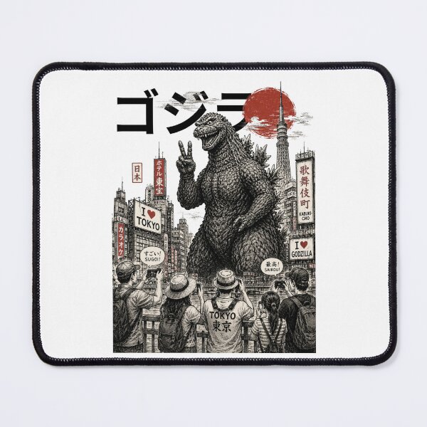 Item preview, Funny Godzilla in Tokyo | Japanese Kaiju Peace Sign Vintage Ink Art T-Shirt designed and sold by Thehatinthecat.