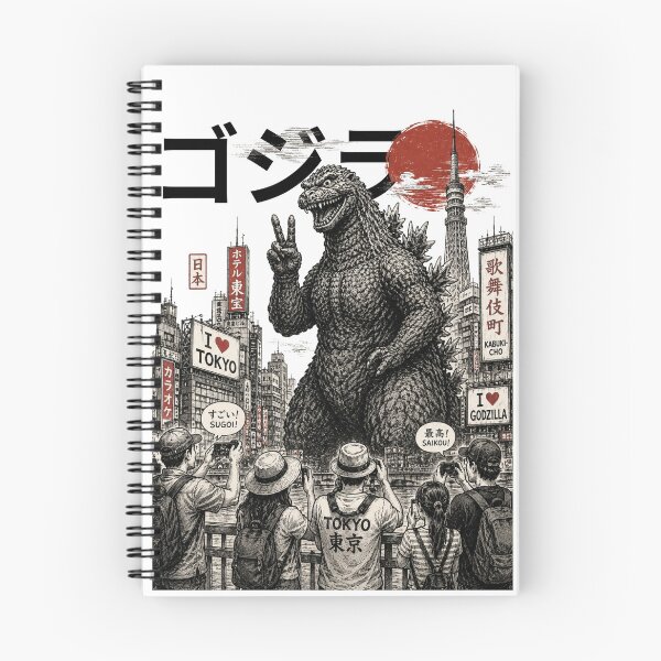 Item preview, Funny Godzilla in Tokyo | Japanese Kaiju Peace Sign Vintage Ink Art T-Shirt designed and sold by Thehatinthecat.
