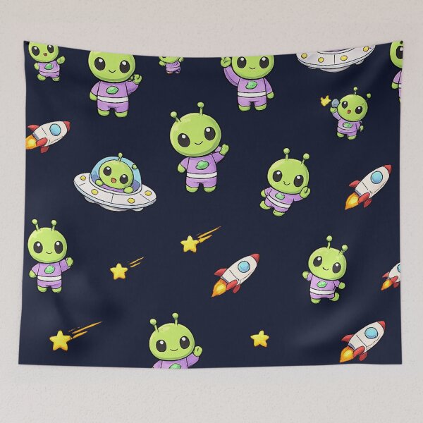Item preview, Cute Kawaii Alien UFO Space Seamless Pattern designed and sold by Seculinator.
