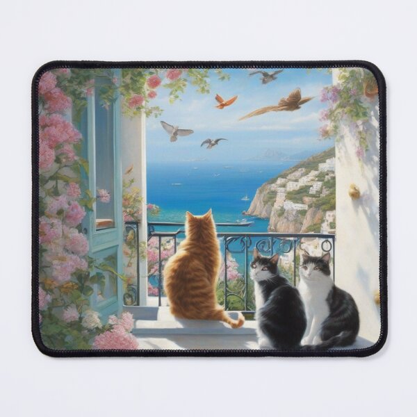 Item preview, Cozy Cats on Amalfi Coast Balcony Ocean View Painting designed and sold by UmSkelig834.