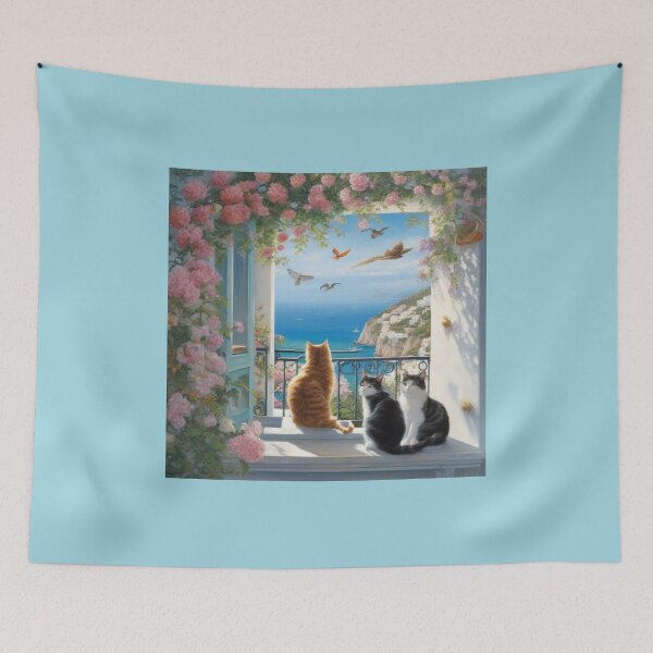 Item preview, Cozy Cats on Amalfi Coast Balcony Ocean View Painting designed and sold by UmSkelig834.
