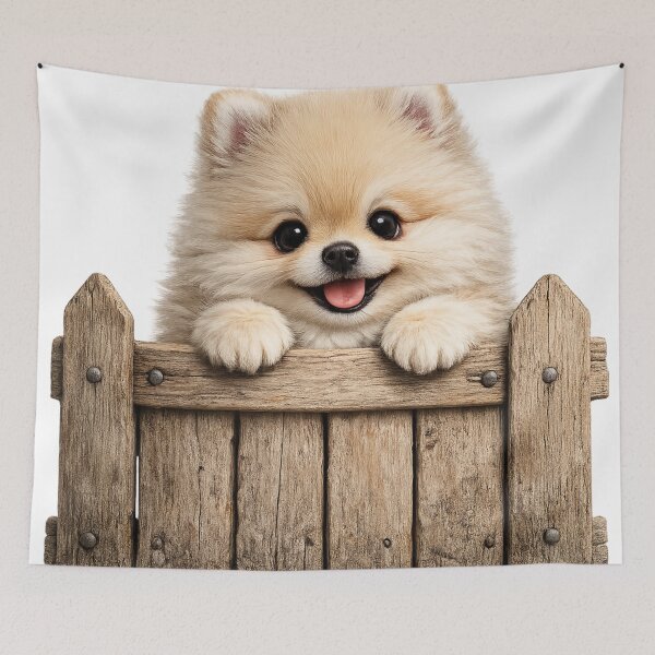 Item preview, Cute Pomeranian Peeking Over Wooden Fence – Happy Fluffy Puppy Farm Art | Pomeranian Gift designed and sold by irfanshikh.