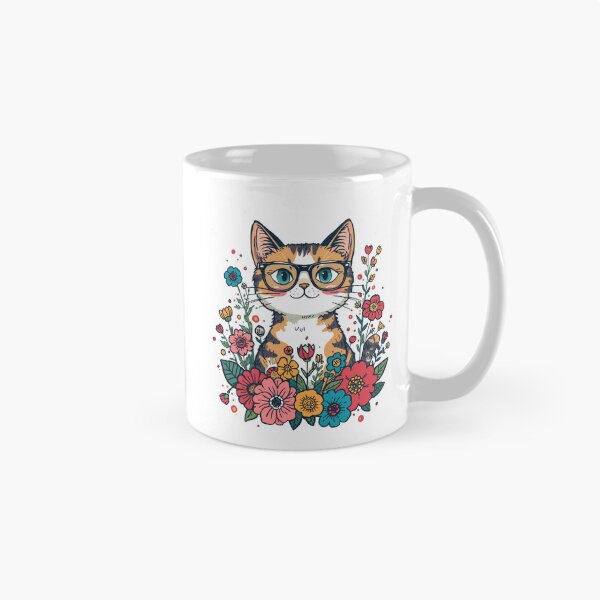 Item preview, Cute Calico Cat with Glasses and Colorful Flowers Illustration designed and sold by AustralArt.