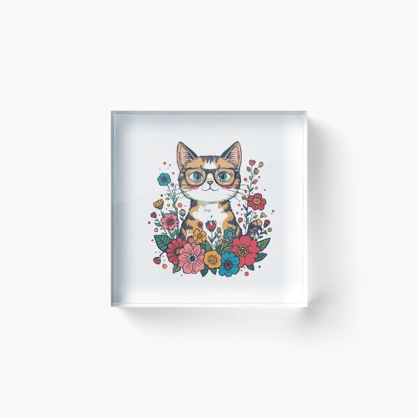 Item preview, Cute Calico Cat with Glasses and Colorful Flowers Illustration designed and sold by AustralArt.