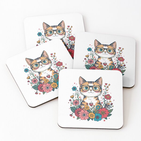 Item preview, Cute Calico Cat with Glasses and Colorful Flowers Illustration designed and sold by AustralArt.