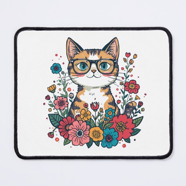 Item preview, Cute Calico Cat with Glasses and Colorful Flowers Illustration designed and sold by AustralArt.