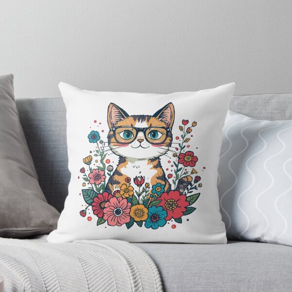 Item preview, Cute Calico Cat with Glasses and Colorful Flowers Illustration designed and sold by AustralArt.