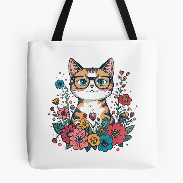 Item preview, Cute Calico Cat with Glasses and Colorful Flowers Illustration designed and sold by AustralArt.