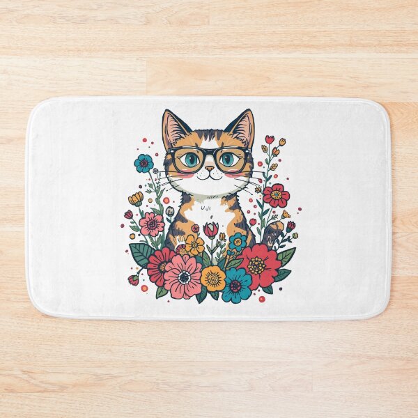 Item preview, Cute Calico Cat with Glasses and Colorful Flowers Illustration designed and sold by AustralArt.