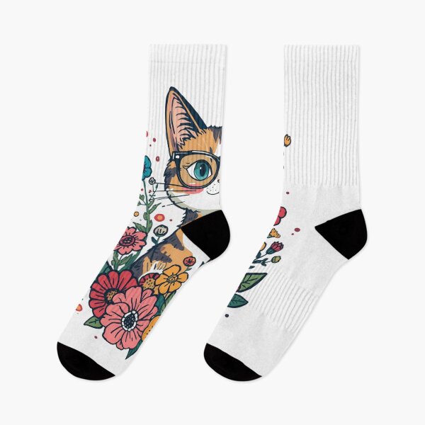 Item preview, Cute Calico Cat with Glasses and Colorful Flowers Illustration designed and sold by AustralArt.