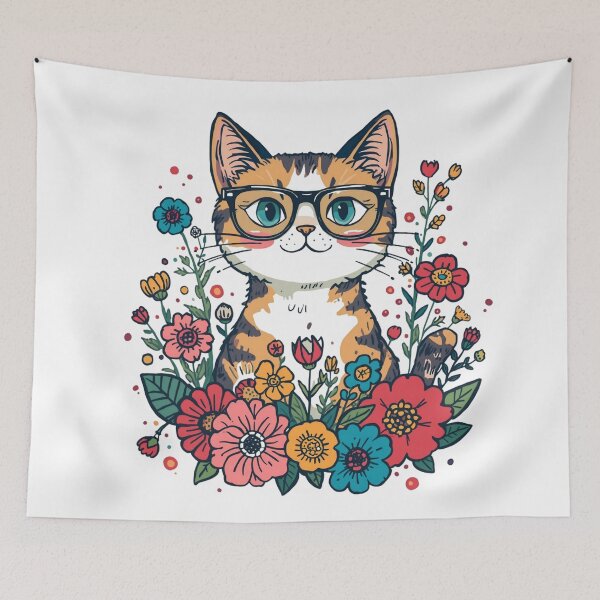Item preview, Cute Calico Cat with Glasses and Colorful Flowers Illustration designed and sold by AustralArt.