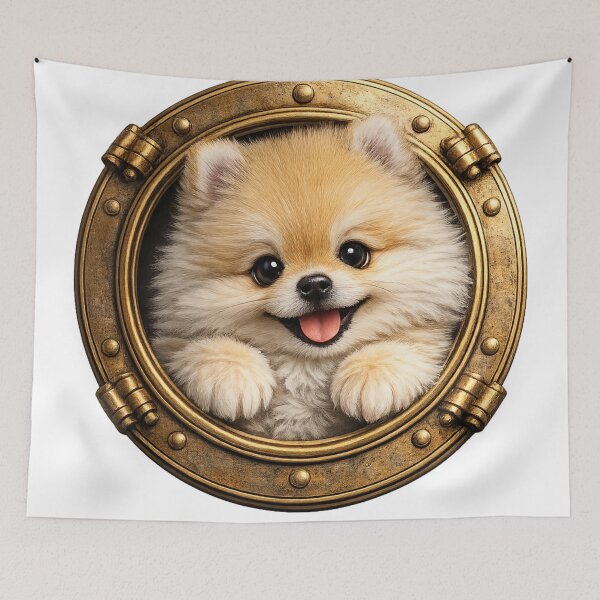 Item preview, Cute Pomeranian Peeking Through Gold Ship Porthole – Nautical Fluffy Dog Art | Pomeranian Gift designed and sold by irfanshikh.