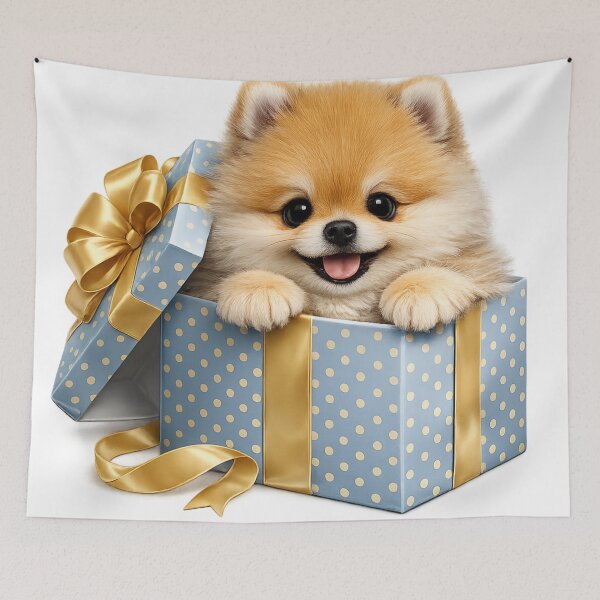 Item preview, Cute Pomeranian in Blue Gift Box with Gold Bow – Best Gift Ever Fluffy Dog Art | Pomeranian Birthday Gift designed and sold by irfanshikh.