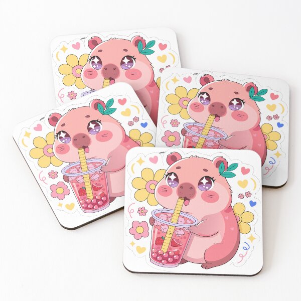 Item preview, Cute Kawaii Capybara Holding Strawberry Bubble Tea Sticker designed and sold by inkfusionhub99.