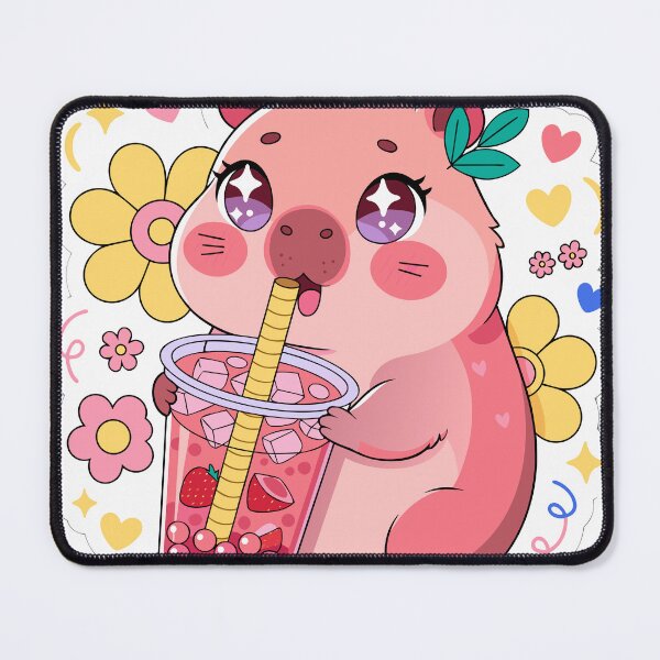 Item preview, Cute Kawaii Capybara Holding Strawberry Bubble Tea Sticker designed and sold by inkfusionhub99.