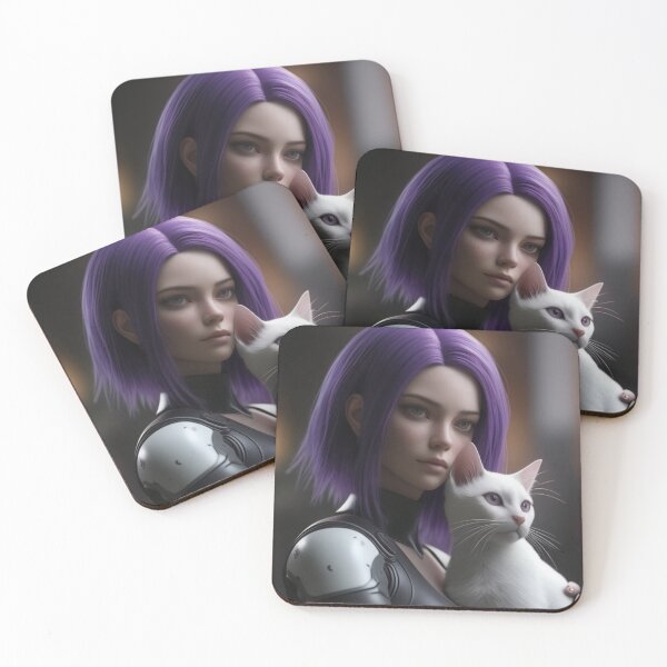 Item preview, Cyberpunk Purple Hair Girl with White Cat Sci-Fi Portrait designed and sold by UmSkelig834.