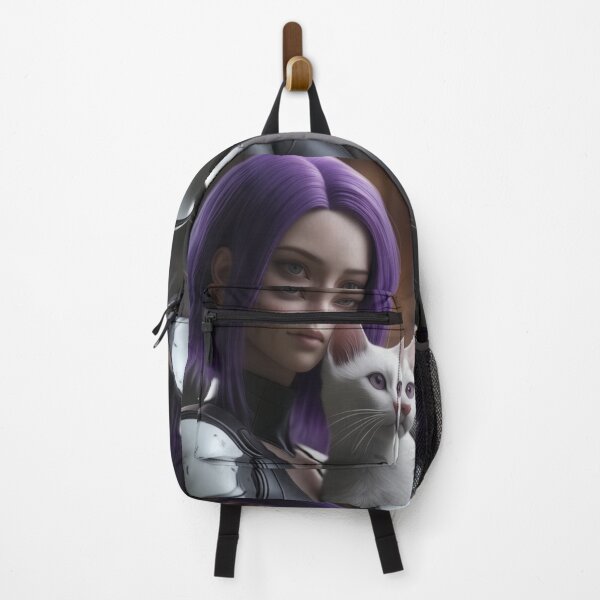 Item preview, Cyberpunk Purple Hair Girl with White Cat Sci-Fi Portrait designed and sold by UmSkelig834.