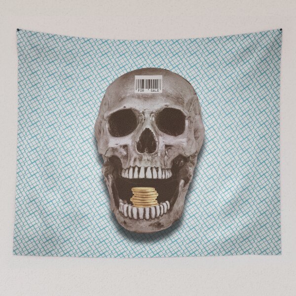 Item preview, "For Sale Skull" – Glitch Aesthetic Capitalism Collage with Barcode & Gold Coins designed and sold by KerlZ.