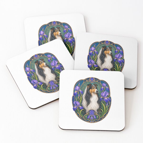Item preview, Tricolor Collie Dog Art Nouveau Iris Flower Art designed and sold by AntiqueImages.