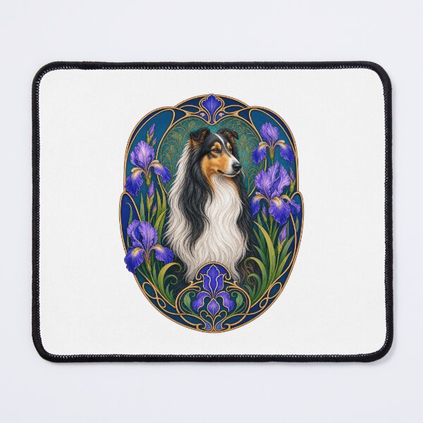 Item preview, Tricolor Collie Dog Art Nouveau Iris Flower Art designed and sold by AntiqueImages.