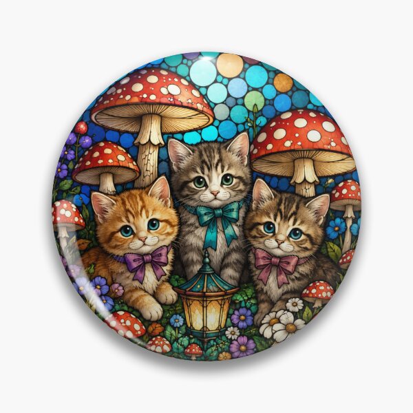 Item preview, Vintage Kittens in a Magical Mushroom Garden Stained Glass  designed and sold by Luminous Kind.