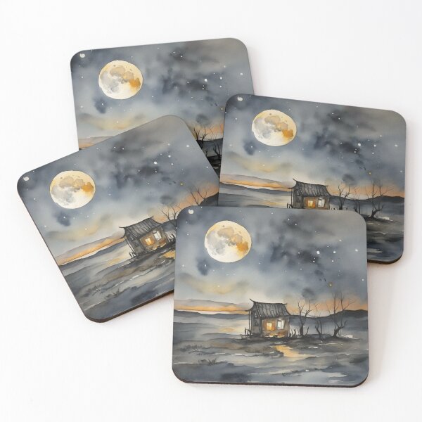 Item preview, Cozy Cabin Under Big Full Moon Watercolor Landscape Art designed and sold by UmSkelig834.
