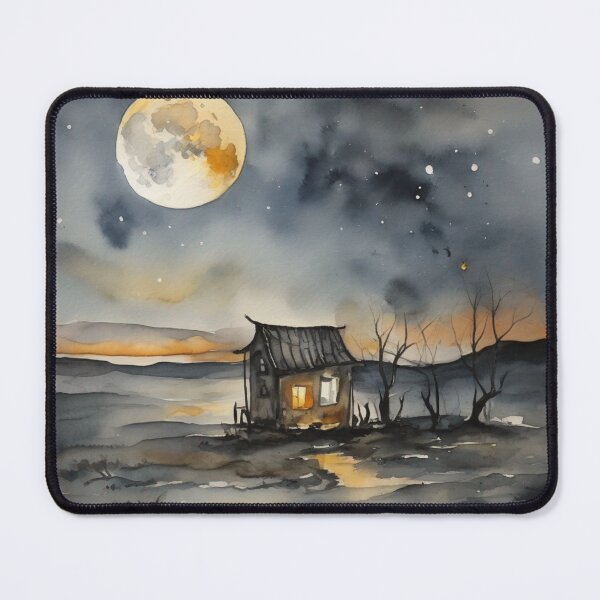 Item preview, Cozy Cabin Under Big Full Moon Watercolor Landscape Art designed and sold by UmSkelig834.