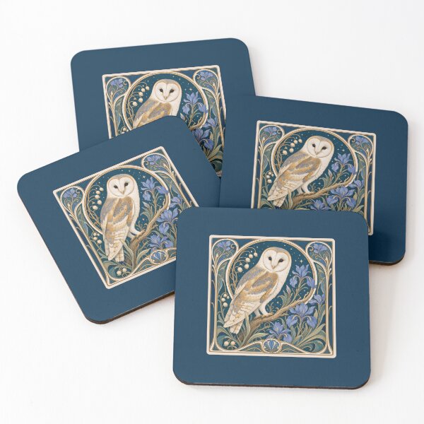 Item preview, Art Nouveau Barn Owl Blue Iris Floral Design designed and sold by AntiqueImages.