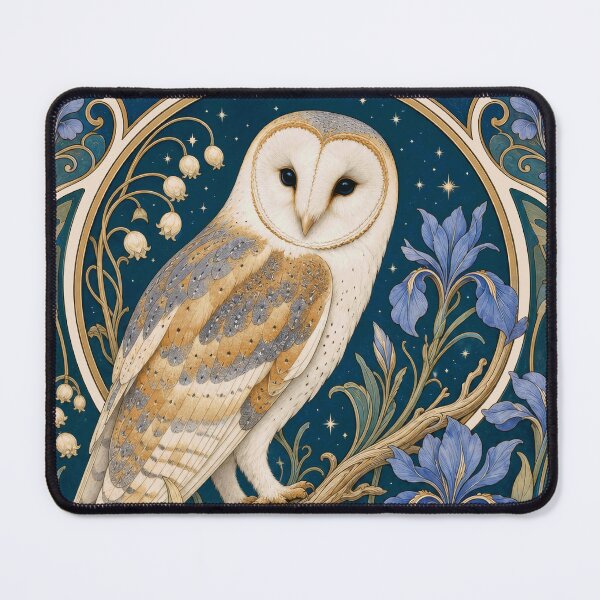 Item preview, Art Nouveau Barn Owl Blue Iris Floral Design designed and sold by AntiqueImages.